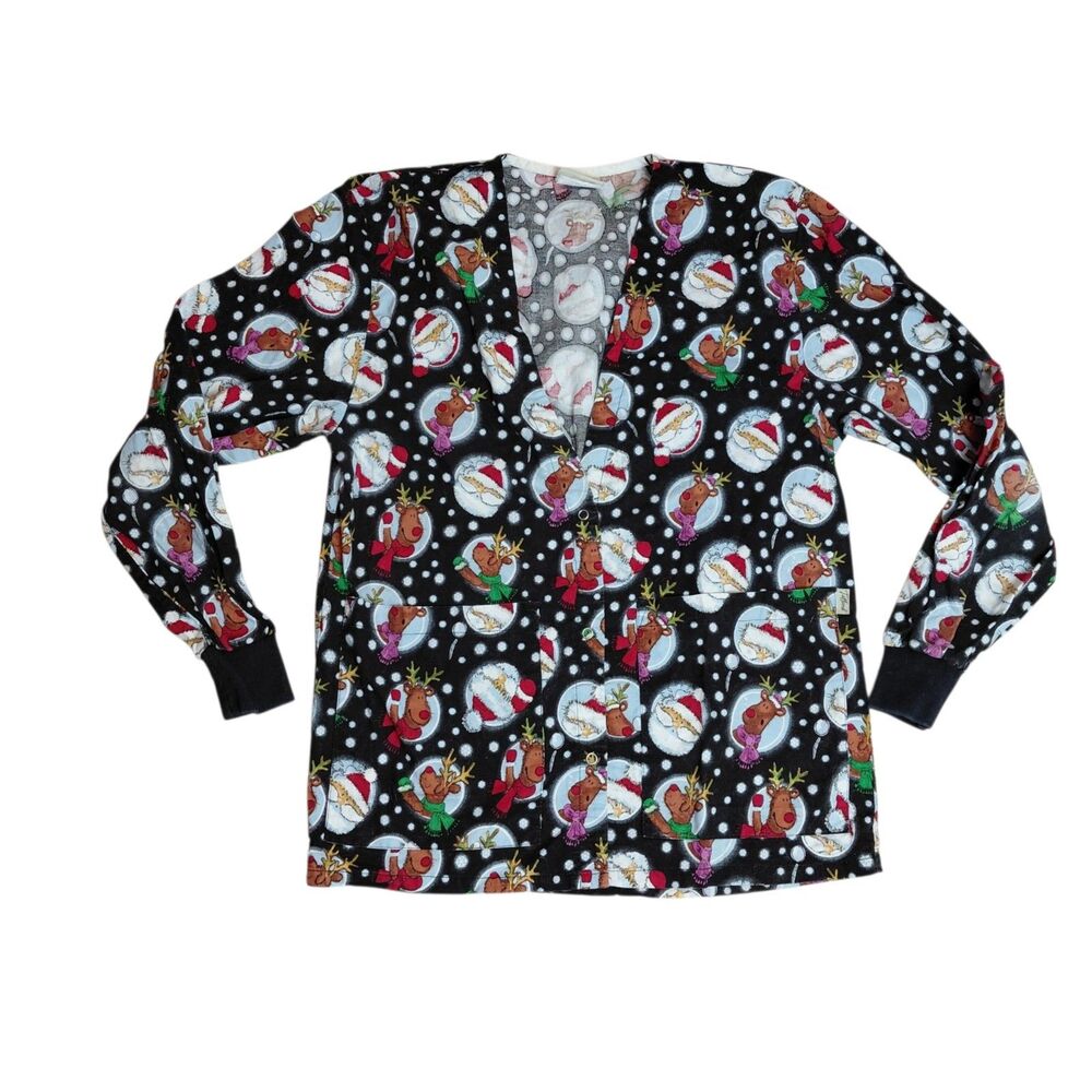 Tafford Scrub Jacket Medium Womens Christmas V-neck Black Santa Reindeer